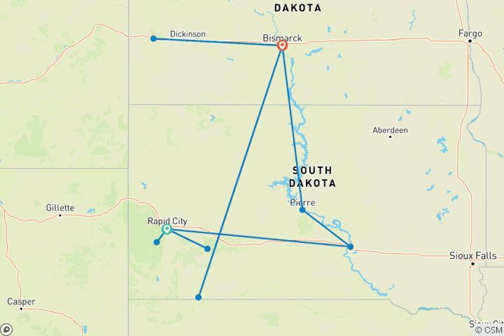 Map of National Parks and Native Trails of the Dakotas (Base, 9 Days)