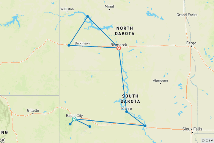 Karte von Nationalparks und einheimische Pfade in den Dakotas 9 Tage