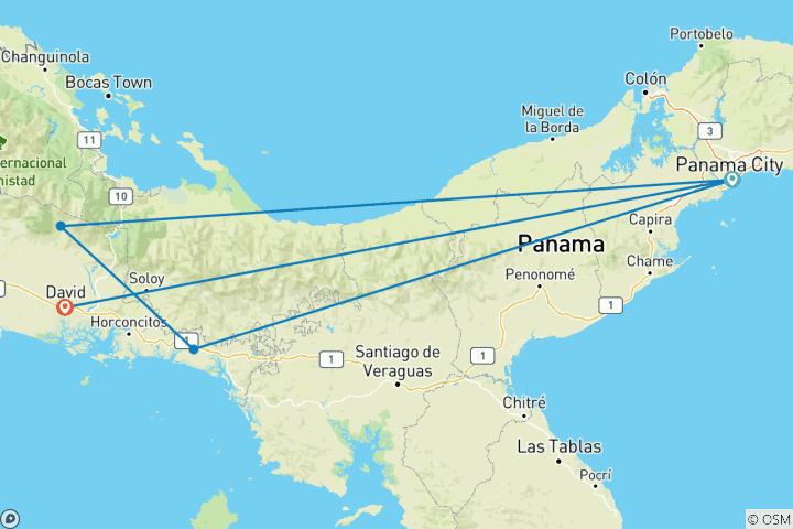 Map of Panama on your own - drop-off in David and return flight to Panama City