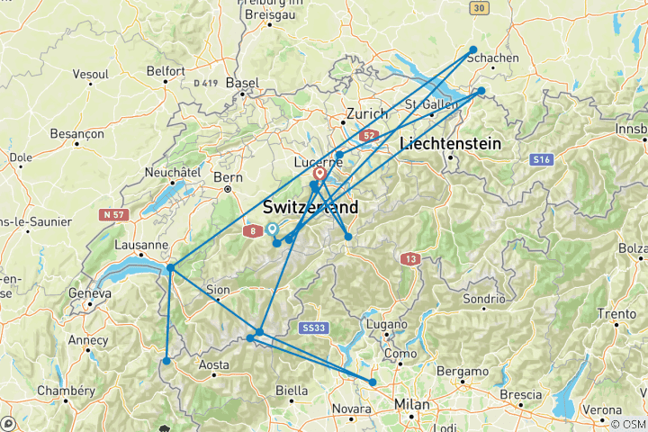 Carte du circuit Les montagnes les plus belles des Alpes suisses