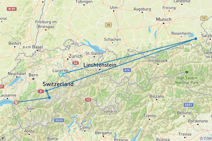 Map of GoldenPass Express from Lucerne to Montreux