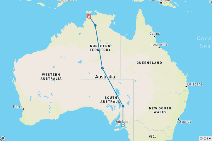 Map of The Ghan (South-North, Adelaide - Darwin)