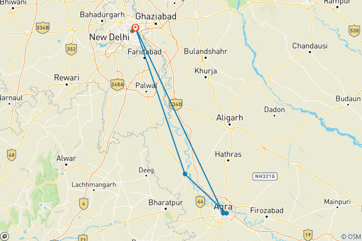 Carte du circuit De Delhi à Taj Mahal, Agra et Mathura avec conservation des éléphants - 2 jours