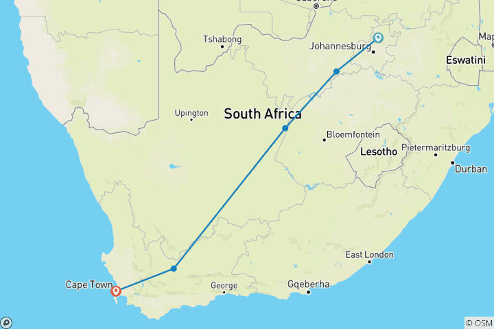 Map of Rovos Rail - The Pride of Africa (from Pretoria to Cape Town)