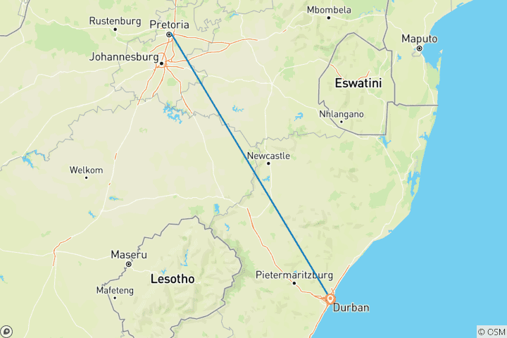 Map of Rovos Rail - The Pride of Africa (from Pretoria to Durban)