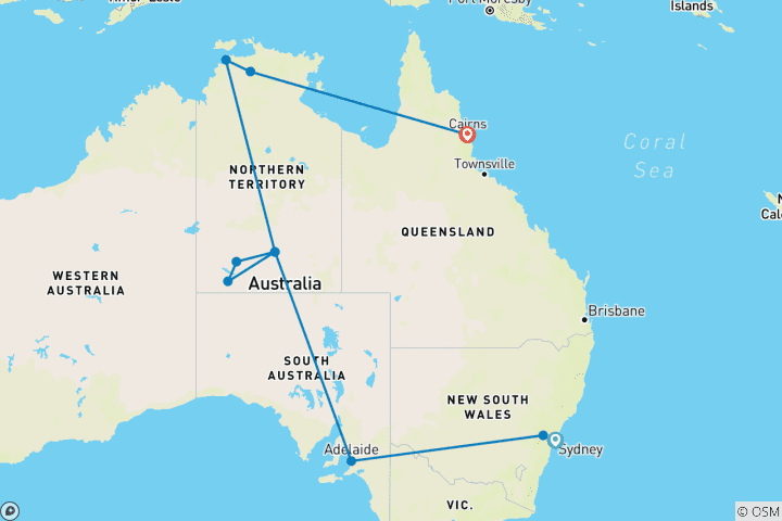 Karte von Australiens Glanzpunkte kompakt ohne Melbourne (15 Tage/14 Nachte)