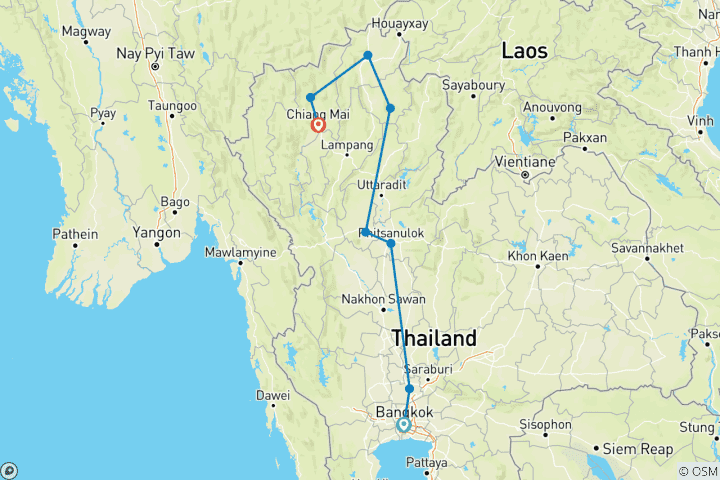 Kaart van Noord-Thailand met Gouden Driehoek (privérondreis)