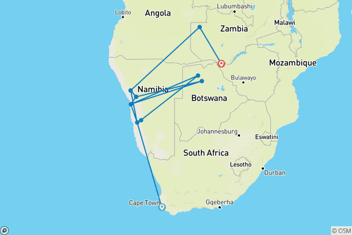 Kaart van Zwervers - Zuidelijk Afrika Ontdekkingsreis Kaapstad - Victoria Watervallen