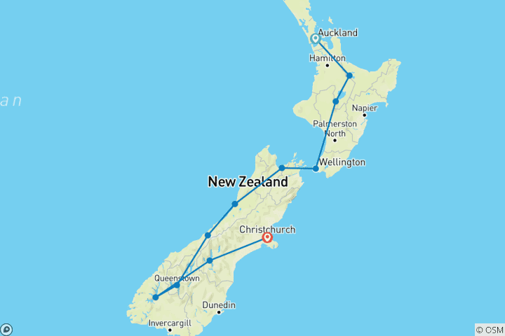 Kaart van De smaak van Nieuw-Zeeland (Auckland-Christchurch)