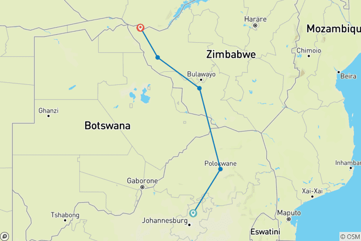 Map of Rovos Rail - The Pride of Africa (including Polokwane)