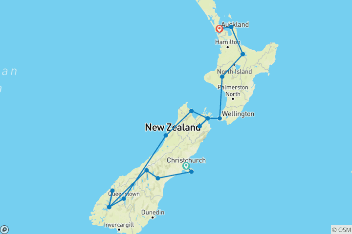 Kaart van Kleine groepssafari (van Christchurch naar Auckland)