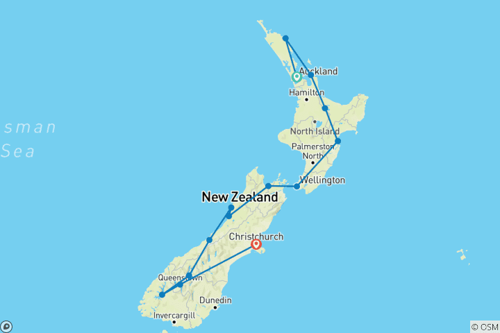 Map of New Zealand at a gentler pace (Auckland-Christchurch)