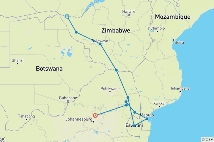 Map of Rovos Rail - The Pride of Africa (22 destinations)