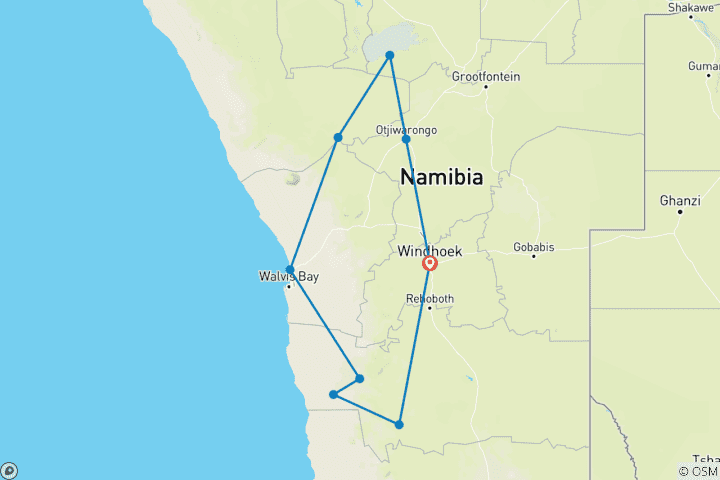 Kaart van Ontdekkingsreis door Namibië (noordwaarts)