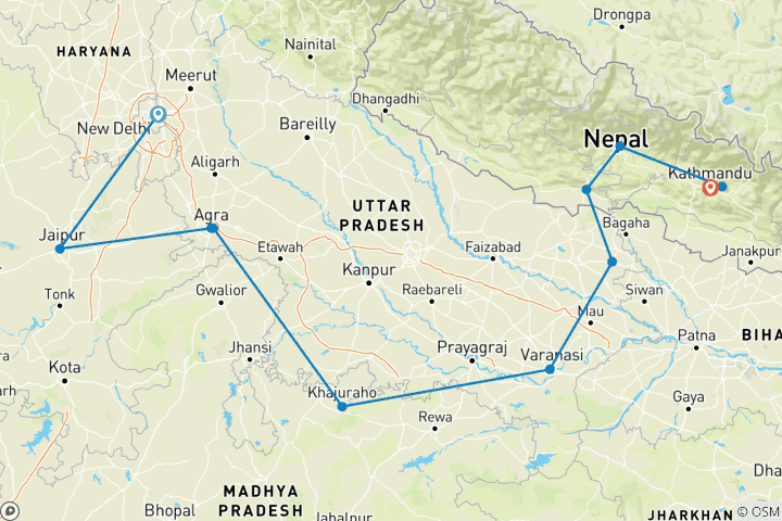 Map of Classic India and Nepal (group tour)