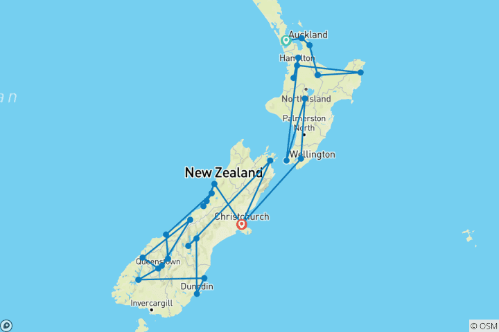 Map of Experience New Zealand by rail & road (30 destinations)