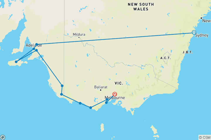 Karte von Australien zum Kennenlernen (ab Sydney/bis Melbourne)