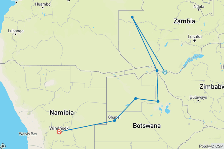 Karte von Botswana, Simbabwe, Namibia  - Okavango