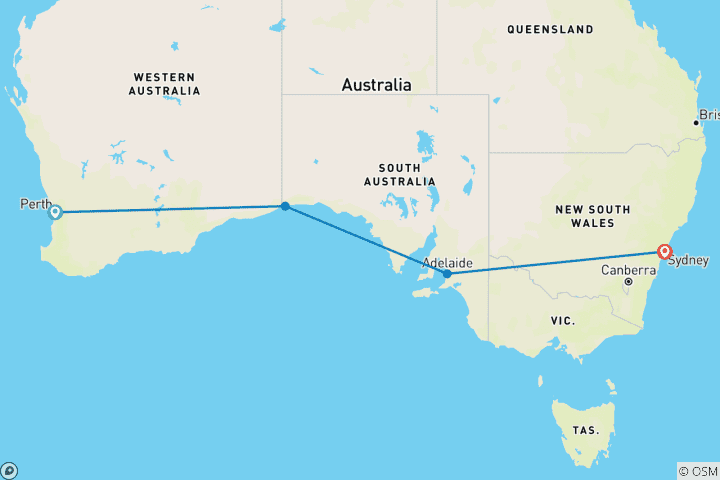 Kaart van Indische Stille Oceaan van Perth naar Sydney (west - oost)