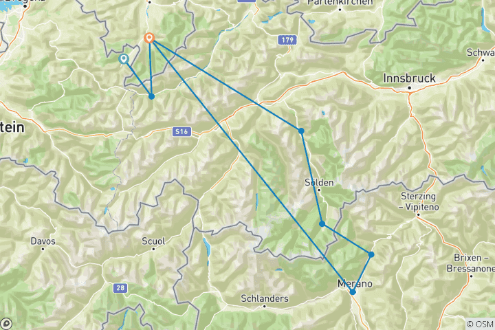 Carte du circuit Traversée des Alpes Oberstdorf - Merano avec le confort d'un hôtel