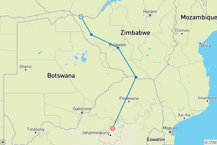 Map of Rovos Rail - The Pride of Africa (including Bulawayo)