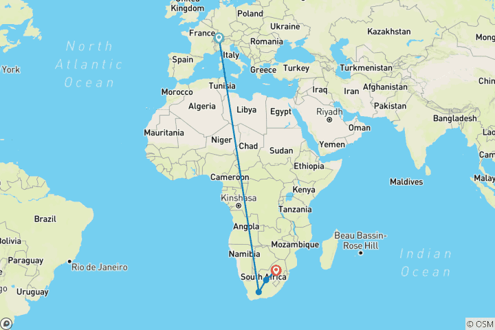 Map of Rovos Rail - The Pride of Africa (from Zug to Pretoria)