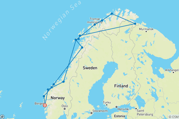 Kaart van Havila reizen Bergen-Kirkenes-Bergen (inclusief Hammerfest)