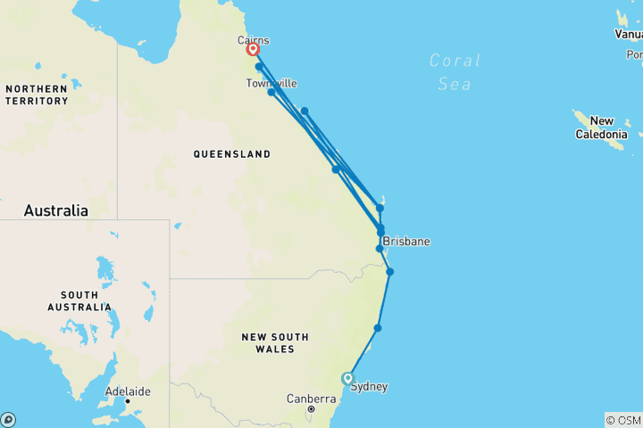 Map of East Coast on your own (Sydney - Cairns, 16 nights)