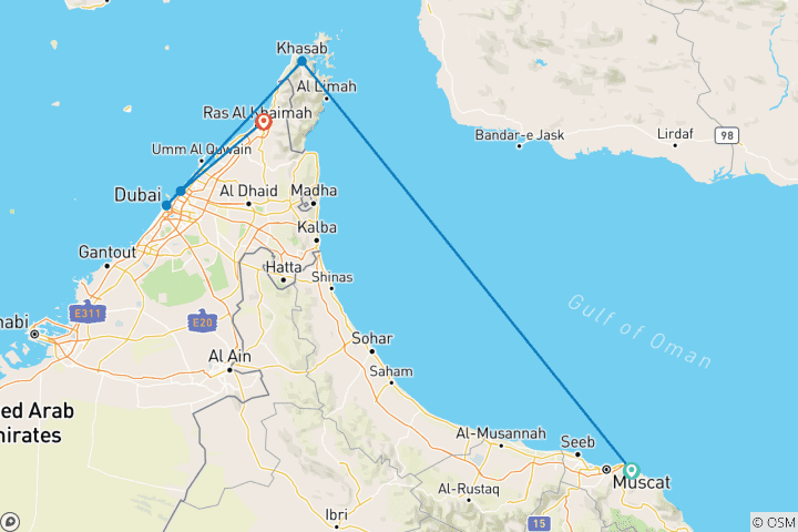 Karte von Geheimnisvolles Musandam ab Muscat/bis Dubai