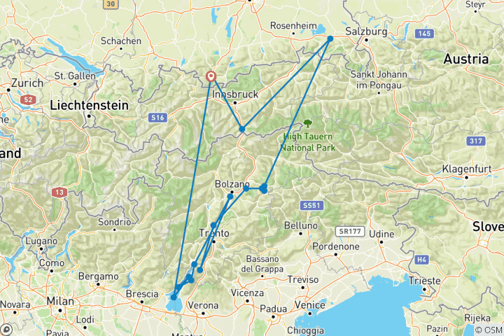 Carte du circuit Traversée des Alpes de Garmisch au lac de Garde