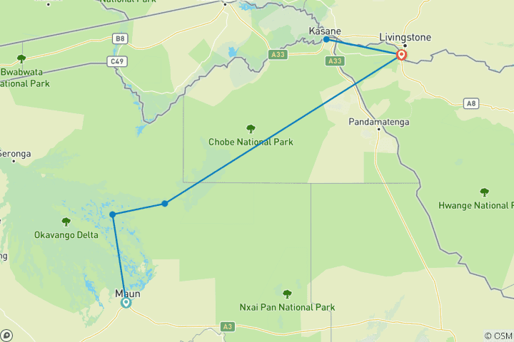 Map of Safari romance - Botswana and Victoria Falls