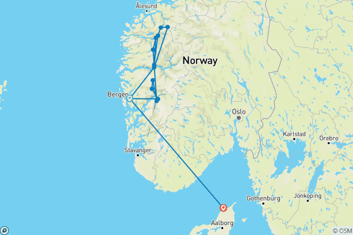 Kaart van Fjorden, gletsjers en historische hotels (van/naar Bergen)