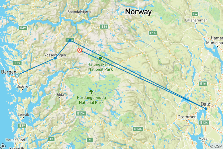 Map of By boat and train from Bergen to Oslo