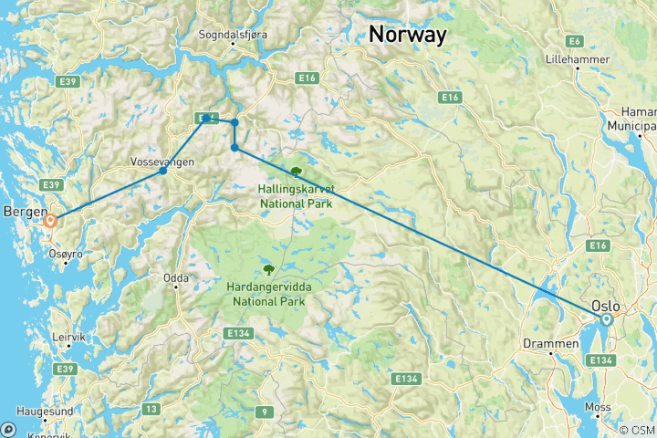 Map of By boat and train from Oslo to Bergen