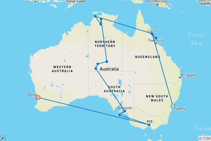 Karte von Hohepunkte Australiens (ab Sydney/bis Perth)