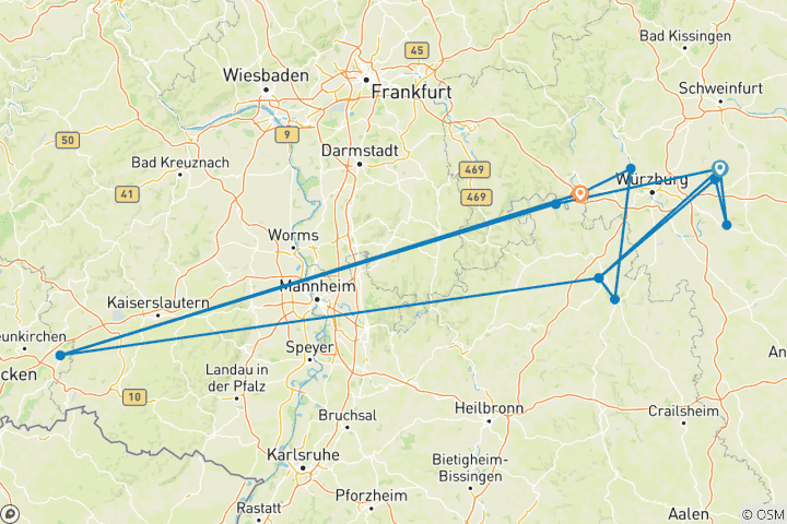 Kaart van De Bocksbeutelstrasse - een reis naar Frankische wijn
