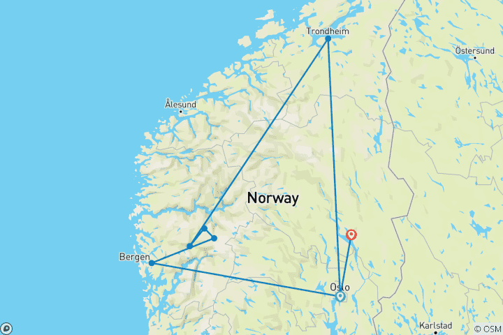 Map of By mail boat and train through Norway