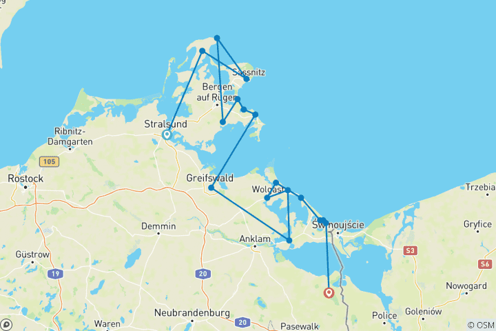 Carte du circuit Piste cyclable de la mer Baltique Stralsund-Rugen-Usedom