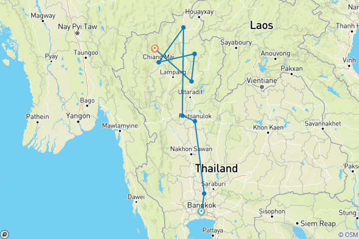 Mapa de Norte de Tailandia con el Triángulo de Oro (viaje en grupo) (from Bangkok to Lahu)