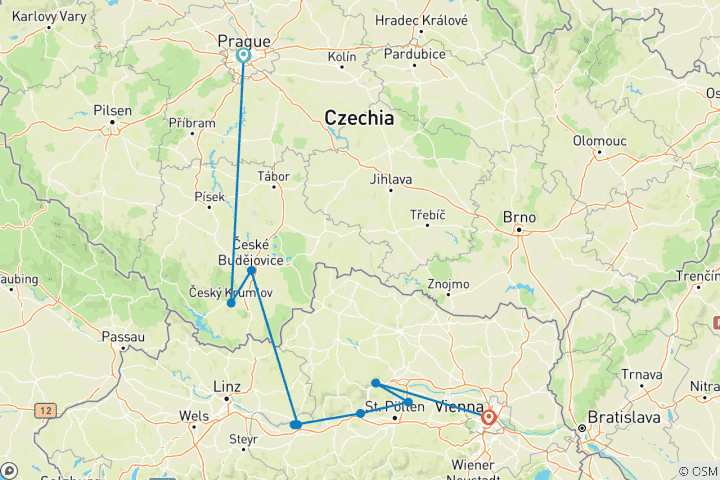 Carte du circuit De Prague à Vienne en vélo (9 destinations)