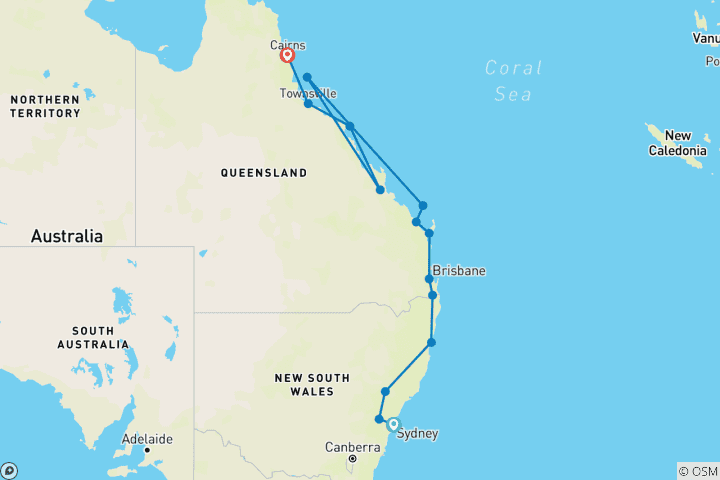 Karte von Ostkuste & Trauminseln (von Sydney bis Cairns)