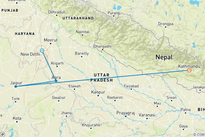 Map of Independent India & Nepal: The Golden Triangle and Kathmandu