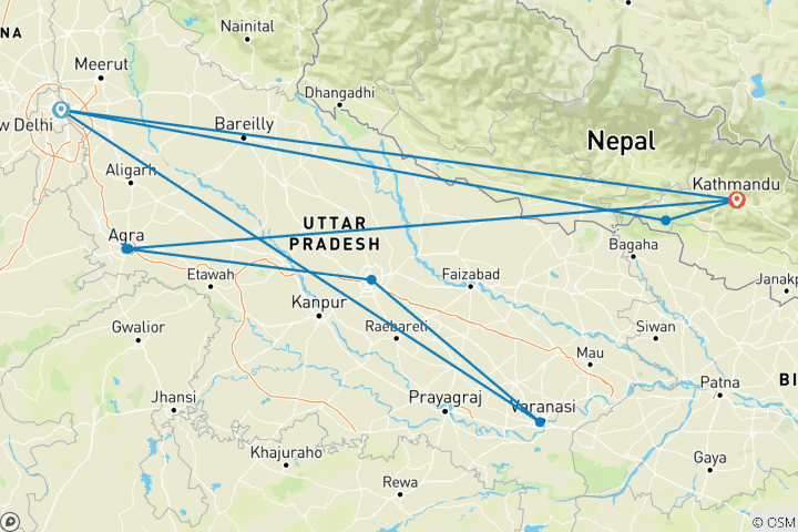 Kaart van Delhi naar Kathmandu Quest (Zonder Nepal Trek, 12 Dagen)