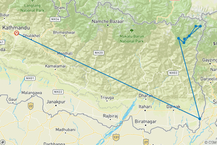 Kaart van Kanchenjunga Noordelijk Basiskamp Trek - 18 Dagen