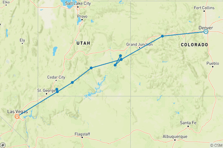 Map of Utah’s Mighty Five and The Rockies featuring 2 days onboard Rocky Mountaineer (Denver, CO to Las Vegas, NV)