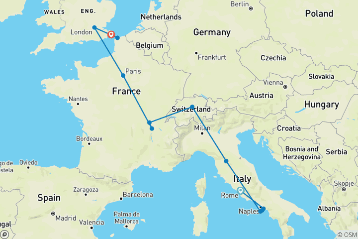 Map of Rome to London Vistas (Summer, 9 Days)