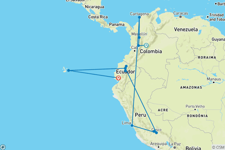 Karte von Entdecker Kolumbien, Peru, Ecuador und Galapagos Inseln