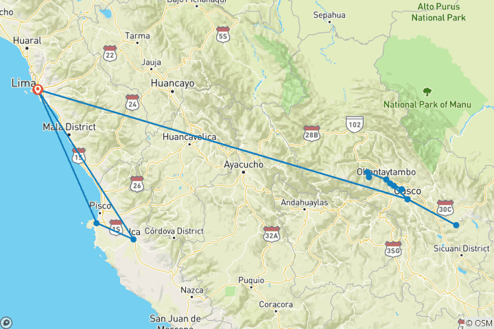 Kaart van Ontdek INCA Avonturen - (Lima en Cusco) met binnenlandse vluchten