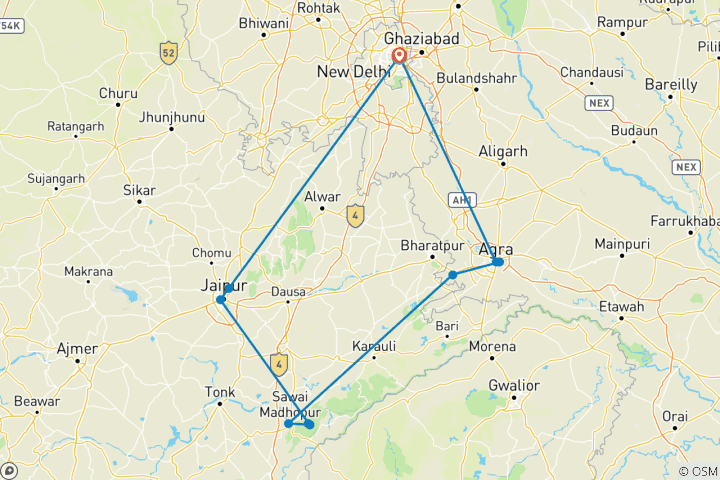 Kaart van 04 Dagen Ranthambore Tijger Tour met Agra & Jaipur Per Auto Van Delhi