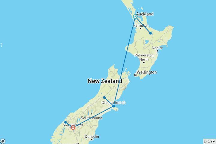 Map of 14 Days Best of New Zealand, Auckland, Christchurch & Queenstown